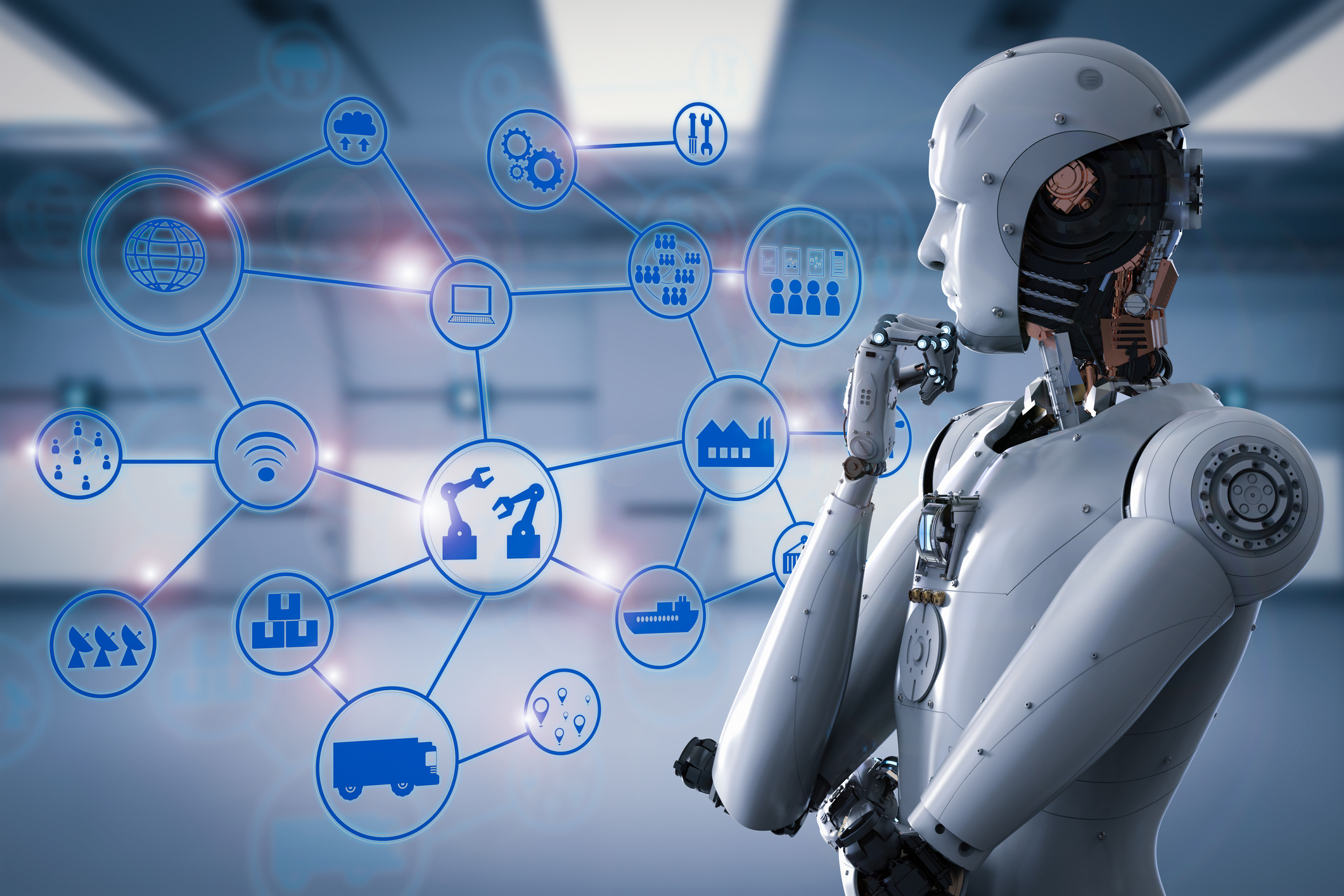3d rendering android robot with industrial network
